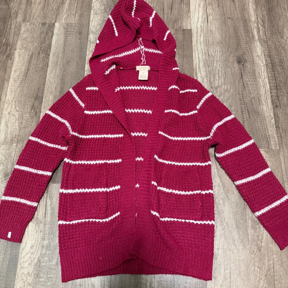 Sweet Stories Girls Hooded Cardigan Sweater Burgundy White Striped Size 6